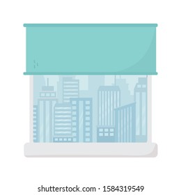 window with curtain cityscape view design vector illustration