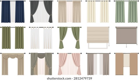 Window curtain collection vector, modern drapery and blinds set, home interior treatments, flat illustration design bundle