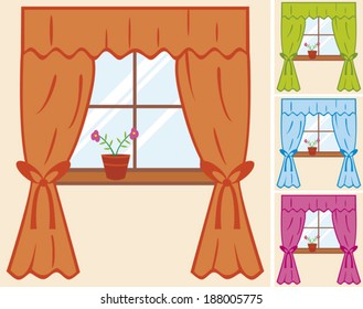 window with curtain and flower in pot