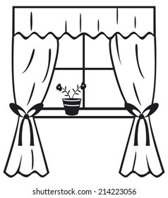 window with curtain and flower in pot 