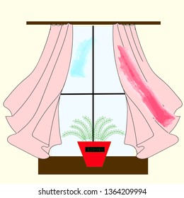 window with a curtain and flowerpot