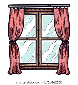 ventana con ilustración grabada a mano con cortina