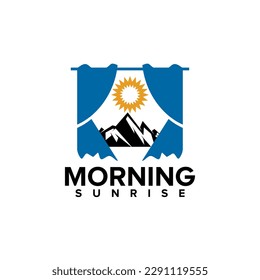 window curtain hotel sunrise view vector logo design