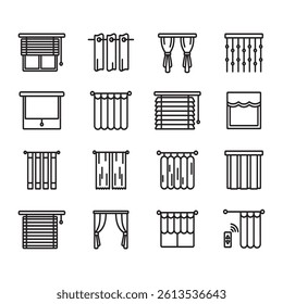Window curtain icon collection. Line style vector, contains various shapes of window curtains.