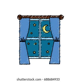 window with curtain the night and moon with star