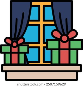 A window with a curtain and two boxes on the sill. The boxes are wrapped in gift wrap and there are two bows on the boxes