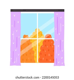 Window with curtain and yellow tree in cartoon style