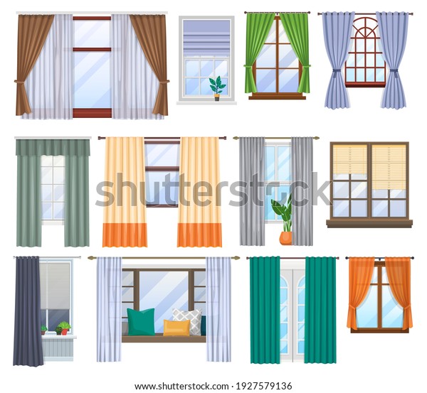 Window and curtains, blind drapes and shutters,\
vector flat interior of home room. House window and windowsills\
decor design with classic roller jalousie, modern window frames and\
pillows on sill
