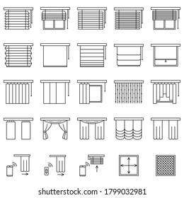 Window curtains, blinds and jalouise line icons set. Collection of different types of roller shutters, window sunblinds, mosquito net and remote control in outline style