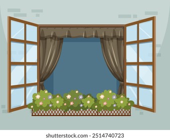 Ein Fenster mit Vorhängen und blühenden Blumen