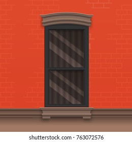 Window with curtains in brick wall. Vector flat illustration.