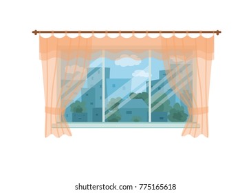 Window with curtains and city landscape and trees view outside. Colorful vector illustration element for interior design.