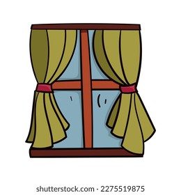 Window with curtains colored doodle vector illustration. Isolated on white background