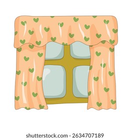 Window with curtains. Coral curtains in green hearts. Cute image of a cozy window from inside the house. Interior item. Cartoon style. Vector illustration