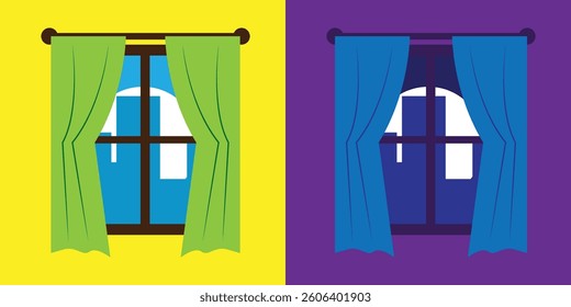 Window with Curtains Day and Night. Interior design, home and apartment vector art