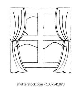 window with curtains daytime icon image vector illustration design  black sketch line