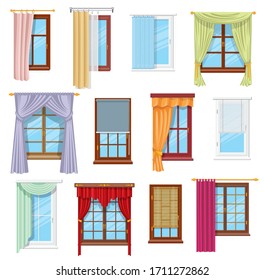 Window Curtains, Draperies, Roller Blinds And Shades, Vector Home Interior And Window Treatments Design. Flat Panel, Tab Top And Sash Curtains With Rods And Valances, Vertical, Venetian, Roman Blinds