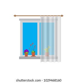 Window with curtains and flowers in pots. Flat style vector illustration