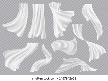 Window curtains. Flowing blank fabric with folds interior clothing soft silk fluttering decoration material vector realistic template