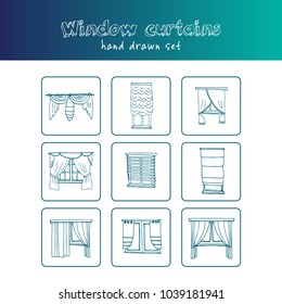 Window curtains hand drawn doodle set. Sketches. Vector illustration for design and packages product. Symbol collection.