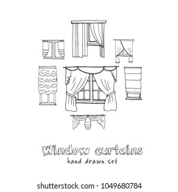 Window curtains hand drawn doodle set. Sketches. Vector illustration for design and packages product. Symbol collection.