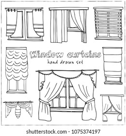 Janela cortinas mão desenhado conjunto de doodle. Esboços. Ilustração vetorial para produto de design e embalagens. Coleção de símbolos.