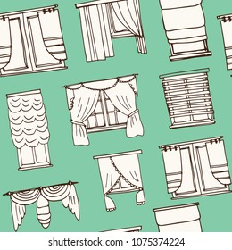 Window curtains hand drawn doodle seamless pattern. Sketches. Vector illustration for design and packages product. Symbol collection.