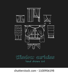 Window curtains hand drawn doodle set. Sketches. Vector illustration for design and packages product. Symbol collection.
