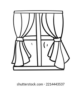 Window with curtains hand drawn outline vector illustration. Isolated on white background