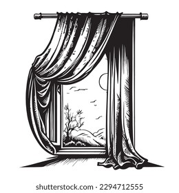 Window with curtains hand drawn sketch in doodle style illustration Interior