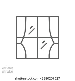 Fenster Vorhänge Symbol. Einfache Kontur. Fensterrahmen mit Vorhängen, Konstruktion, Raum, Haus, Inneneinrichtung. Dünnliniensymbol. Vektorgrafik einzeln. Bearbeitbarer Strich.
