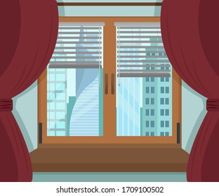Window curtains and jalousie, vector style, city buildings, skycraper.