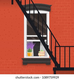 Window with curtains lavender and books in brick wall. Fire staircase on facade. Vector flat illustration.