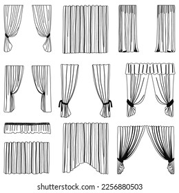 Window curtains. Outline design with elegant drapes template. Hanging fabric set. Room design accessories. Vector illustration