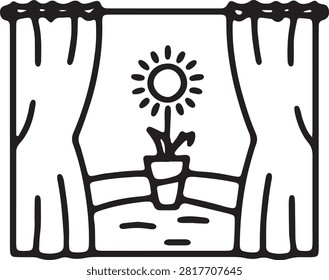 Window with curtains and a potted plant on the sill, black outline vector icon representing home interior.
