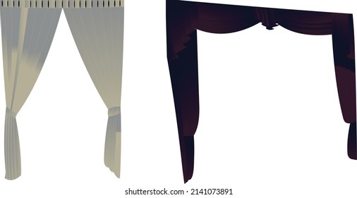 Window curtains. Realistic flowing cloth with wind breeze effect. Interior decorative elements.