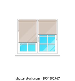 Window curtains or roller blinds or roll shutters, vector flat isolated icon. Window frame interior with night drape folds or roller drapery shades of textile cloth