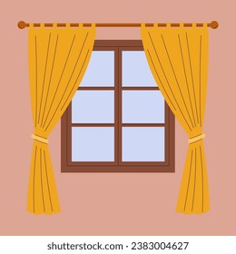 Window and curtains in the room.  House window. Vector flat illustration