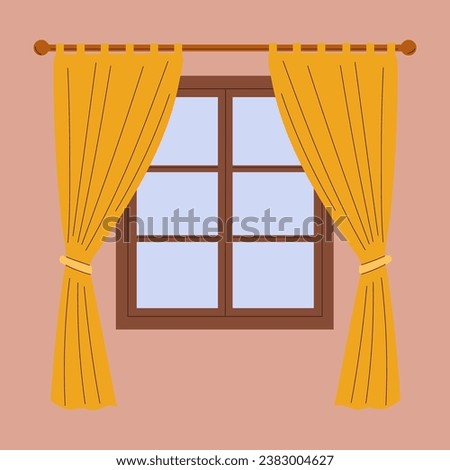 Window and curtains in the room.  House window. Vector flat illustration
