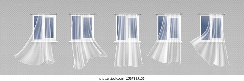 Window curtains set isolated on transparent background. Vector realistic illustration of white tulle, light fabric flying in wind, textile veil drapery for home interior design, soft silk decoration