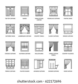Vorhänge aus Fenstern, Zeilensymbole in den Farben. Verschiedene Zimmer dunkler Dekoration, Lambrequin, Schwag, französischer Vorhang, Jalousien und Walzplatten. Innendesign dünne Linearzeichen für Hausdekorationsgeschäft