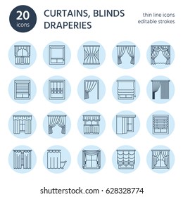 Window curtains, shades line icons. Various room darkening decoration, lambrequin, swag, french curtain, blinds and rolled panels. Interior design thin linear signs for house decor shop.
