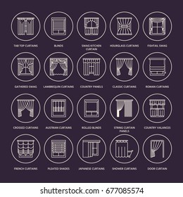 Window curtains, shades line icons. Various room darkening decoration, lambrequin, swag, blinds and rolled panels. Interior design thin linear signs for house decor shop.