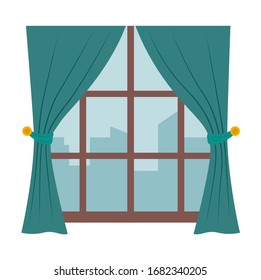 Window with curtains showing cityscape, isolated icon. Skyline with city buildings and skyscrapers shown through thick glass. Wooden frame of interior element. House or home design, vector in flat