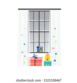 Window with curtains, snow and gifts. Transparent background. Isolated interior object. Flat cartoon style design. Multifunctional vector illustration.1