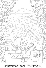 window with curtains, a stack of books, fruits and mug on a windowsill against rural landscape for your coloring book