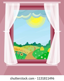 Window with curtains. Summer landscape. View from the window to the summer nature. Field, meadow, daisies, wildflowers, sunflowers, blue sky, clouds and sun. Country house in the village. EPS 10