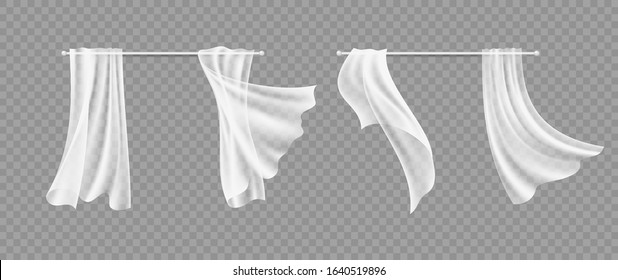 Window curtains. Transparent white silk hanging fabric. Isolated realistic interior design and decoration of windows. Light flying cloth vector illustration