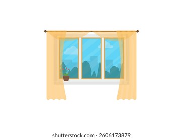 Window with curtains and view of city landscape and trees outside. vector illustration. stock illustration.