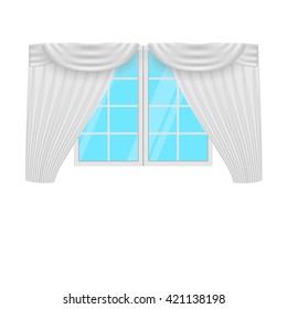 Window curtains. White curtans and windows. Vector illustration